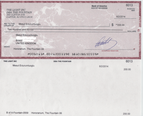 The Fountain magazine honorarium cheque