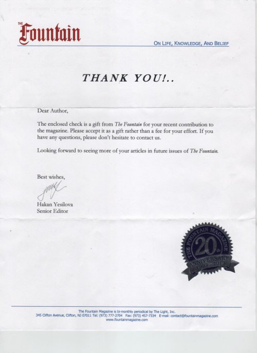The Fountain magazine Honorarium letter