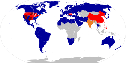 Laws regarding first-cousin marriage around the world. Navy blue: First-cousin marriage legal. Light Blue: Allowed with restrictions or exceptions. Yellow: Legality dependent on religion or culture. Red: Statute bans first-cousin marriage. Pink: Banned with exceptions. Dark Red: Criminal offense. Grey: No available data. The image has been released into the public domain by the author (URL: http://en.wikipedia.org/wiki/Cousin_marriage). 