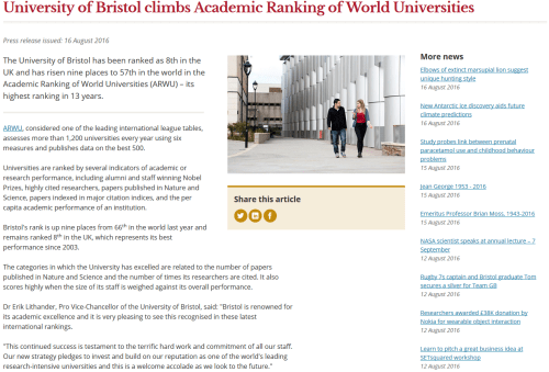 The University of Bristol News webpage on the 16th of August 2016. I feel privileged to have had the chance to be the face of the university in an important announcement such as this.